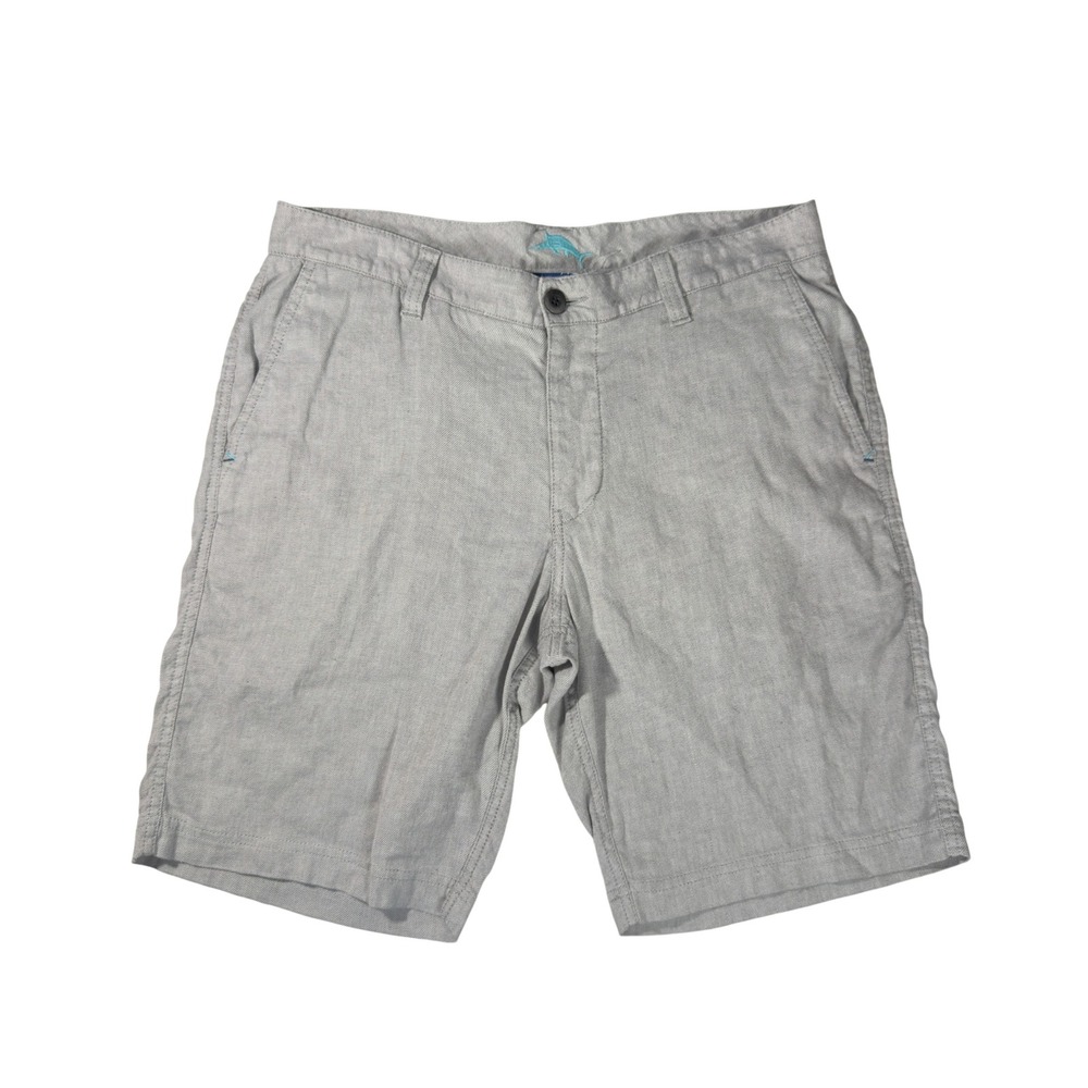 Tommy Bahama Shorts Mens 33 Gray Excellent Linen Blend Flat Front Marlin Logo